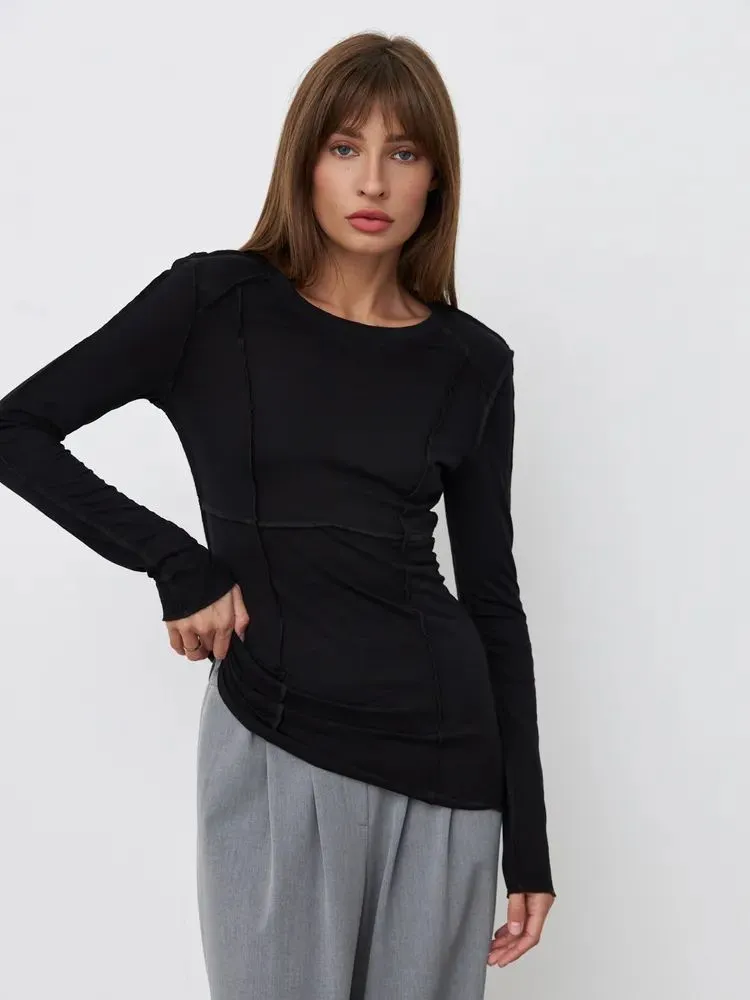 Women's Fashion Casual Contrast Stitching Crew Neck Long Sleeve T-Shirt