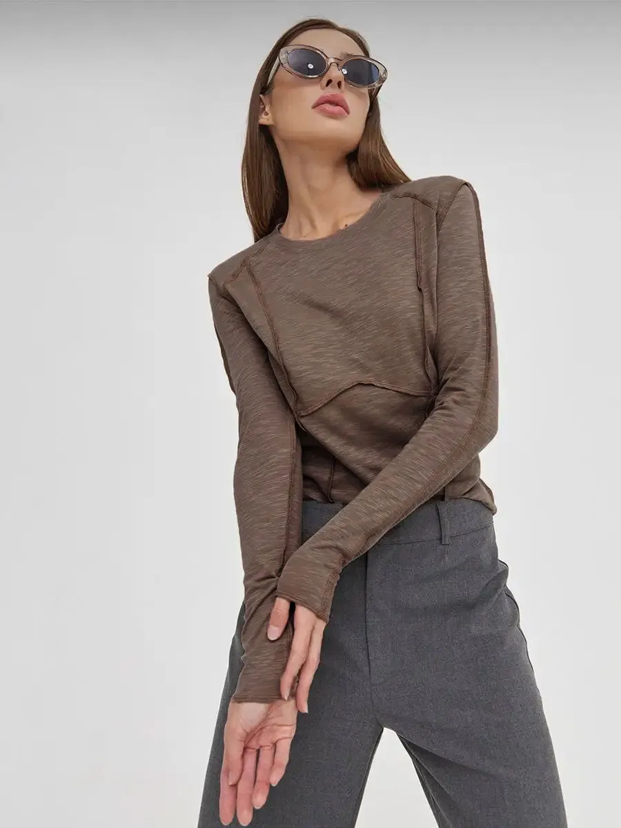 Women's Fashion Casual Contrast Stitching Crew Neck Long Sleeve T-Shirt