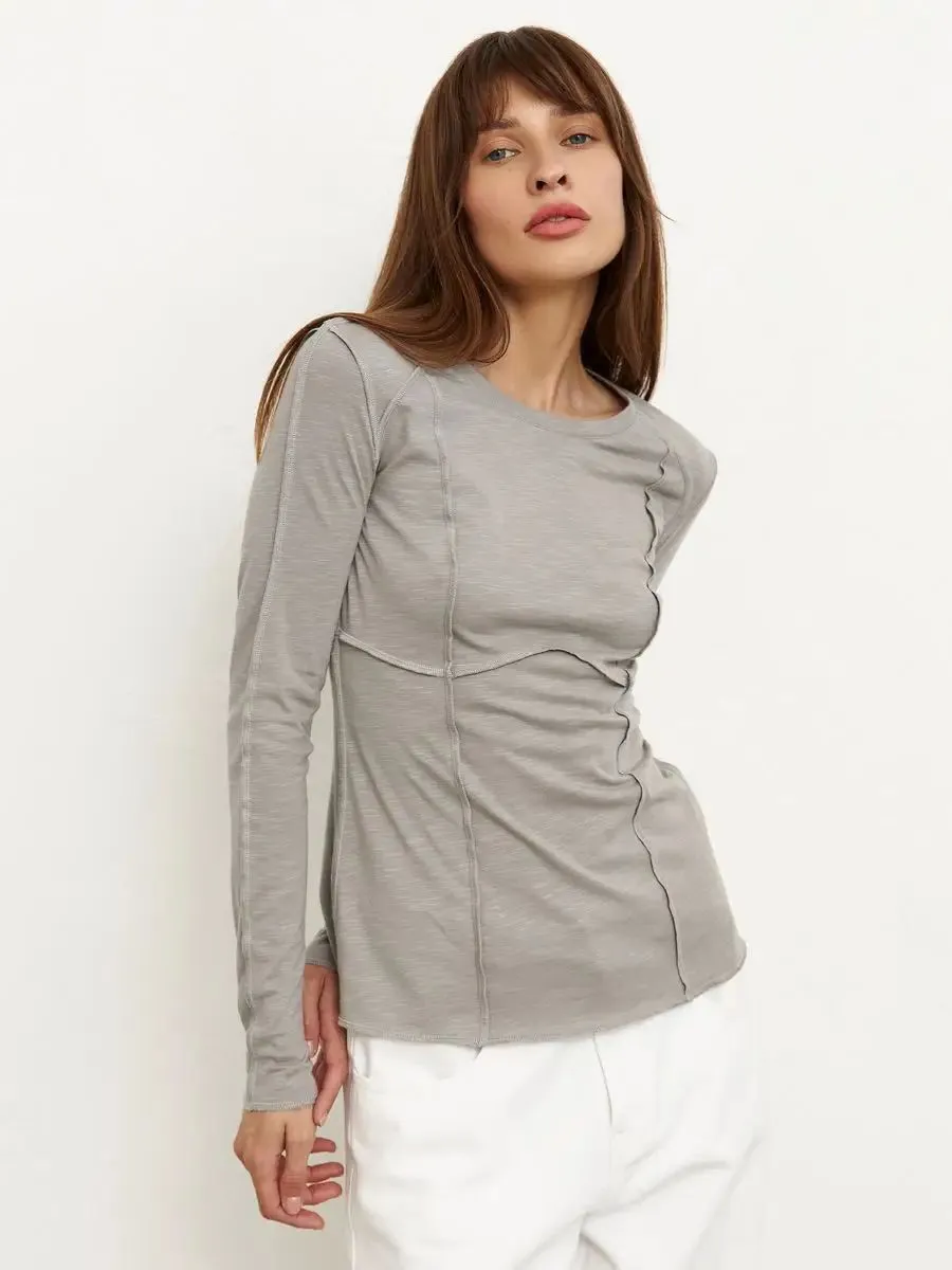 Women's Fashion Casual Contrast Stitching Crew Neck Long Sleeve T-Shirt