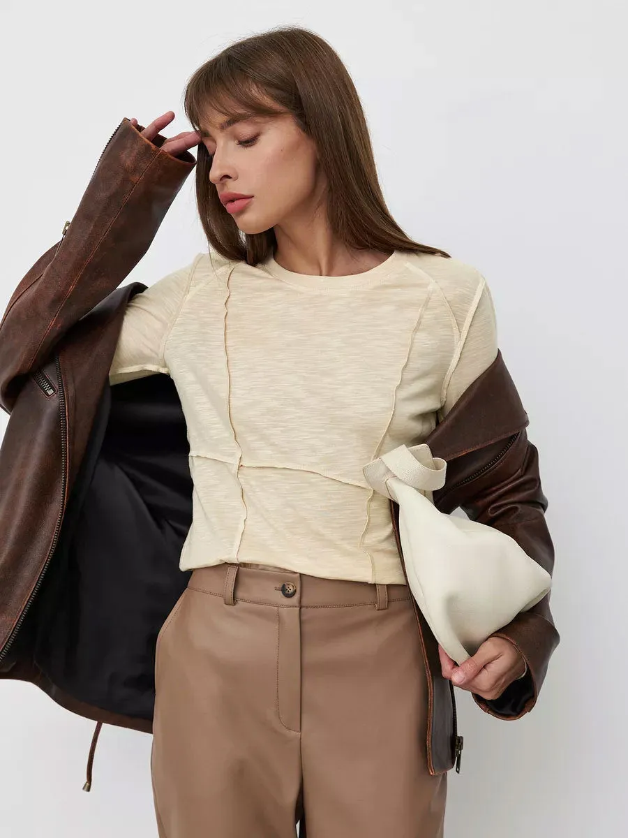 Women's Fashion Casual Contrast Stitching Crew Neck Long Sleeve T-Shirt